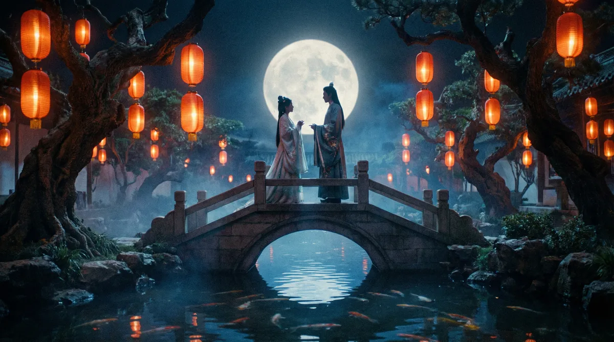 海角网古典爱情片拍摄剧照-月下花园场景